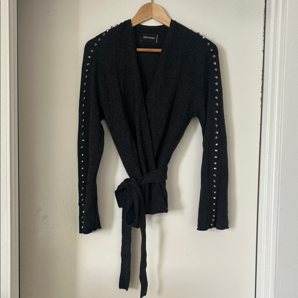 Zadig & Voltaire Black Cashmere wrap sweater with Studded Sleeves